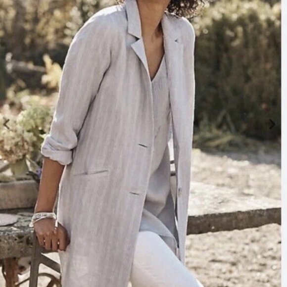 J. Jill Relaxed 100% Linen Gray w White Pinstripe Jacket Blazer Medium Lagenlook - Picture 1 of 14